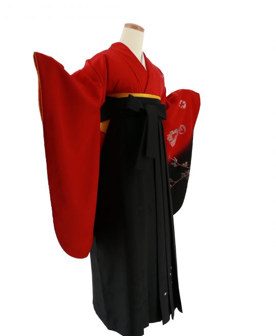 卒業式袴レンタルNo.421[Lサイズ][クール]赤×黒グラデ・花の丸